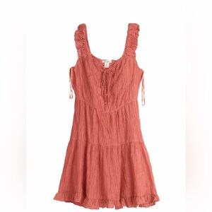 Passport Coral Smocked Mini Dress Size L Boho Babydoll Ruffle Tie Front Summer